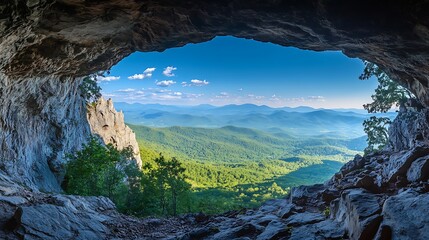 Deep mountain cave with a clear view of the horizon and faraway mountains
