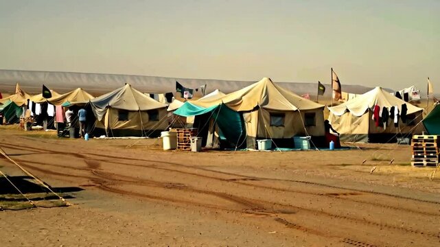 Desert Camp Scene: A cluster of tents provide shelter from the harsh desert environment, with clotheslines and essential items hinting at daily life.