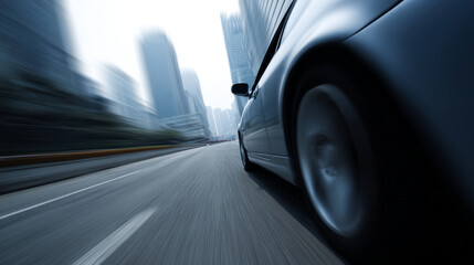 car speeds down urban road, blurring cityscape in dynamic chase scene