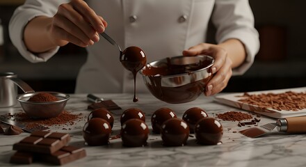 Chocolate Culinary Arts: A culinary expert meticulously drizzles rich, dark chocolate over handcrafted spheres, emphasizing the artful process and delicious final product.