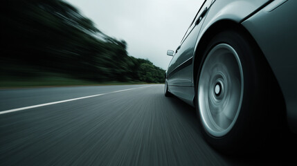 car in motion with its wheels blur on asphalt road, conveying speed and energy