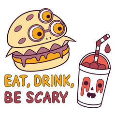 Cartoon Halloween Burger And Soda With Spooky Faces Celebration Vector Illustration