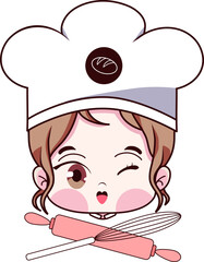 Female chef Cute girl smiling bakery pastry shop logo cartoon with whisker and baking rolling pin
