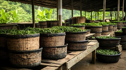 Fototapeta premium vibrant tea production scene with natural green leaves collected in handwoven baskets showing traditional harvesting and drying process