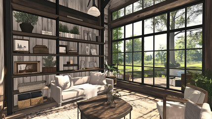 Chic Industrial Cottagecore living area with large factory-style windows, raw wood shelving, and a mix of soft textiles, giving a balanced rustic-modern look