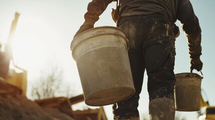 Laborer carrying buckets of cement at a construction site. Featuring strength and teamwork