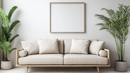 Beige Sofa in Minimalist Living Room with Plants