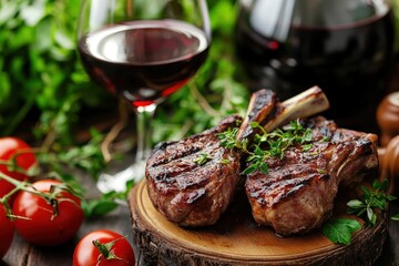 Grilled lamb chops, red wine, and fresh herbs.