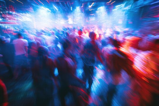 Blurred motion of dancing crowd at vibrant night club with red and blue lights.