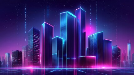Naklejka premium glowing futuristic building with neon accents in a city skyline showcasing modern tech inspired architecture and vibrant urban night cityscape aesthetics
