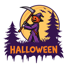 Halloween Pumpkin Grim Reaper Character Vector Graphic With Trees And Moon
