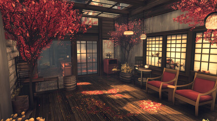 Industrial Cottagecore living room with a mix of rustic wooden furniture, modern industrial lighting, and floral accents, creating a cozy yet sophisticated environment