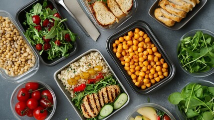 Healthy prepared meal containers with various balanced dishes for lunch