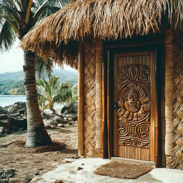 Fijian bure exterior with woven bamboo walls, palm frond roofing, and a carved wooden door depicting tribal ocean motifs.