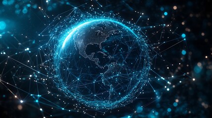 abstract digital network with glowing blue connections around the planet earth symbolizing global communication internet technology and worldwide connectivity