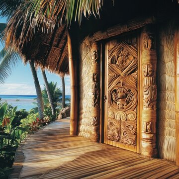 Fijian bure exterior with woven bamboo walls, palm frond roofing, and a carved wooden door depicting tribal ocean motifs.