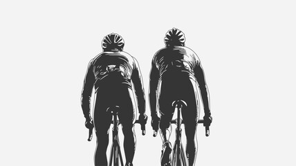 The image is a monochrome, minimalist depiction of two cyclists viewed from behind.  The cyclists are depicted as dark silhouettes against a bright, almost white background