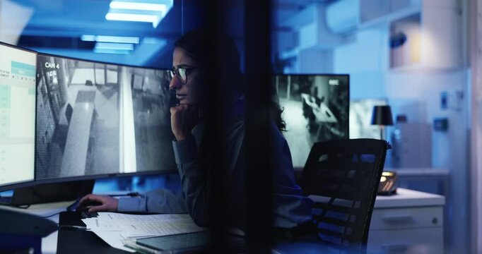 Computer screen, security guard and woman with cctv for surveillance, problem solving or thinking. Monitor station, control room or officer with footage for safety, watch video or protection at night