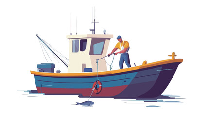 A vector illustration depicting a small fishing boat with a single fisherman onboard. The boat is predominantly blue and white with yellow accents along the hull. The fisherman is shown in the act