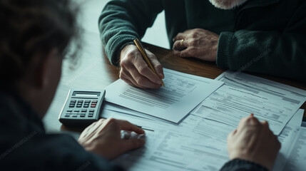 Tax consultant explains financial documents to client in office setting during daylight hours