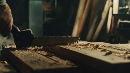 Carpenter cutting wooden planks. Featuring precise cutting and woodworking craftsmanship