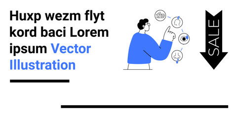 Person gesturing towards abstract diagrams and elements, alongside text and arrow emphasizing sale concept. Ideal for marketing, business, education, analytics, communication, e-commerce, simple