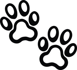Obraz premium black and white illustration, dog paw prints, minimalist design, simple shapes, graphic silhouette, animal tracks, pet symbolism, vector art style, clean lines, symmetrical composition, iconic represe