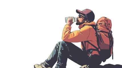 Naklejka premium A vector illustration depicting a man sitting on a rock, facing to the left. He wears a baseball cap, sunglasses, an orange jacket, and blue jeans. A large red backpack rests behind him. 