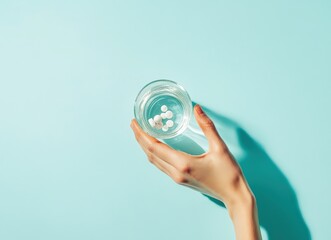 nurse care concept with pills and water on blue background for international nurses day