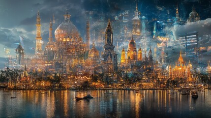 Fototapeta premium Ornate city skyline illuminated with golden lights reflected in water