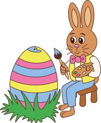 Freigestellter cartoon Osterhase bemalt großes gestreiftes Osterei