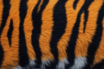 Fototapeta premium Tiger skin texture with copy space. Close-up tiger pattern. Big Cat fur. Tiger stripes. Realistic tiger skin. Tiger design texture. Detailed tiger skin close-up. Wild Animal texture.