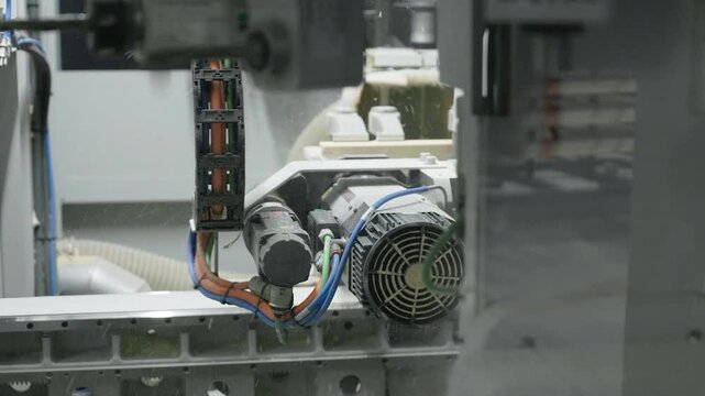Close-up of a powerful electric motor inside a modern CNC woodworking machine, showcasing wiring, mechanical components, and industrial automation for precise timber processing