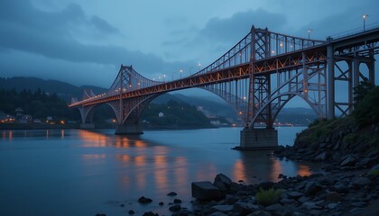 Fototapeta premium Serene Twilight Bridge: A Majestic Steel Structure Illuminated at Dusk