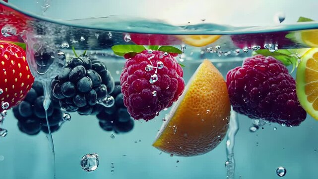 Fruits falling into water creating splashes in seamless timelapse display, fruit falls into the water seamless ing time lapse virtual video Background