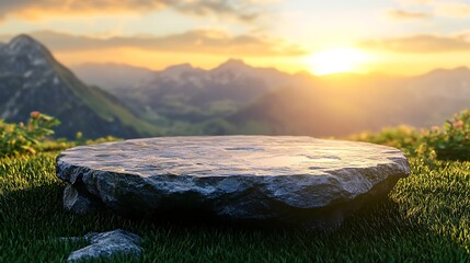 Stone granite podium rock table top on green grass with outdoor mountain scene at sunrise background natural organic beauty product placement presentation