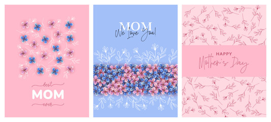 Collection of different designs with spring flowers. 8 March, womens day, mothers day holiday cards set