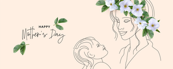 Happy Mothers Day background. Line drawing of mother and child in modern minimalist style. Beautiful white flowers and green leaves form a wreath on the head of a young mother
