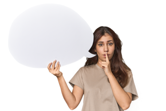 Middle Eastern woman holding comic bubble keeping a secret or asking for silence.