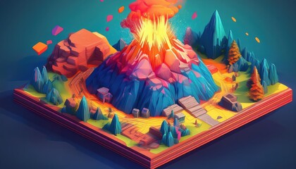 Striking Isometric Diorama Colourful Volcano Eruption Illustration, Animated with Electric Energy and Vibrant Hues, Showcasing a Captivating Scene of Eruptive Artistry.