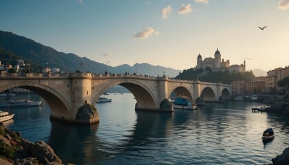 Serene Stone Bridge: A Picturesque Sunset Vista
