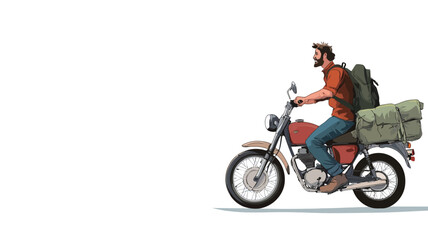 Obraz premium Illustration of a man with a beard and a backpack riding a motorcycle to the right. He is wearing a long-sleeved red shirt and blue jeans. The motorcycle has luggage strapped to the back.