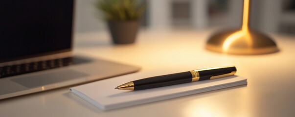 Elegant workspace featuring a laptop, pen, notepad, and a warm lamp glow on a minimalist desk