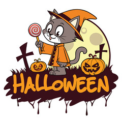 Halloween Cartoon Illustration With Cat Candy Pumpkins And Gravestones Festive Theme