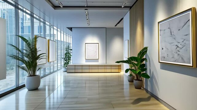 Empty frames on display in a bright modern art gallery showcasing minimalist design, Empty frames in bright, modern art gallery