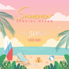 Summer sale discount offer with beach items for social media and shopping event promotions. Vector illustration summer sale with sunset beach theme.