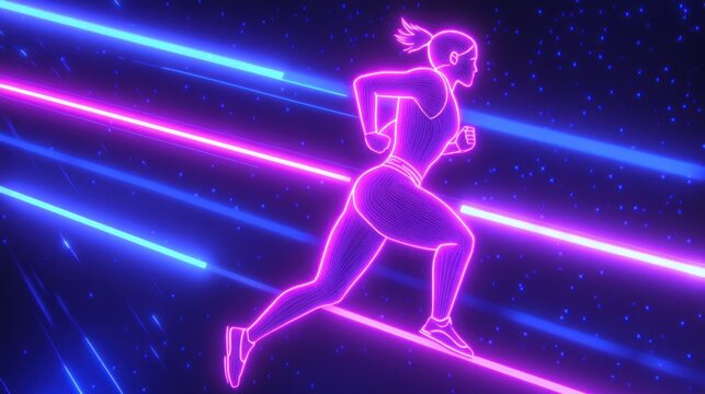 Woman running neon trail, digital art
