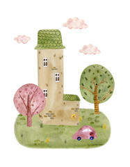 Charming hand-painted watercolor illustration of a whimsical tall house surrounded by lush trees, fluffy clouds, and a yellow car. Perfect for children's designs, posters, and nursery decor.