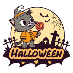 Cute Cartoon Cat Dressed Up For Halloween Holding Lollipop Under The Moon