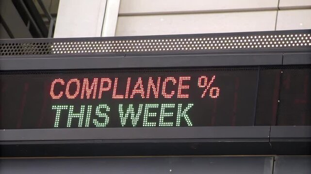 Climate action environmental policy concept. A digital display board shows "COMPLIANCE %" in red and "THIS WEEK" in green, indicating performance metrics visually.